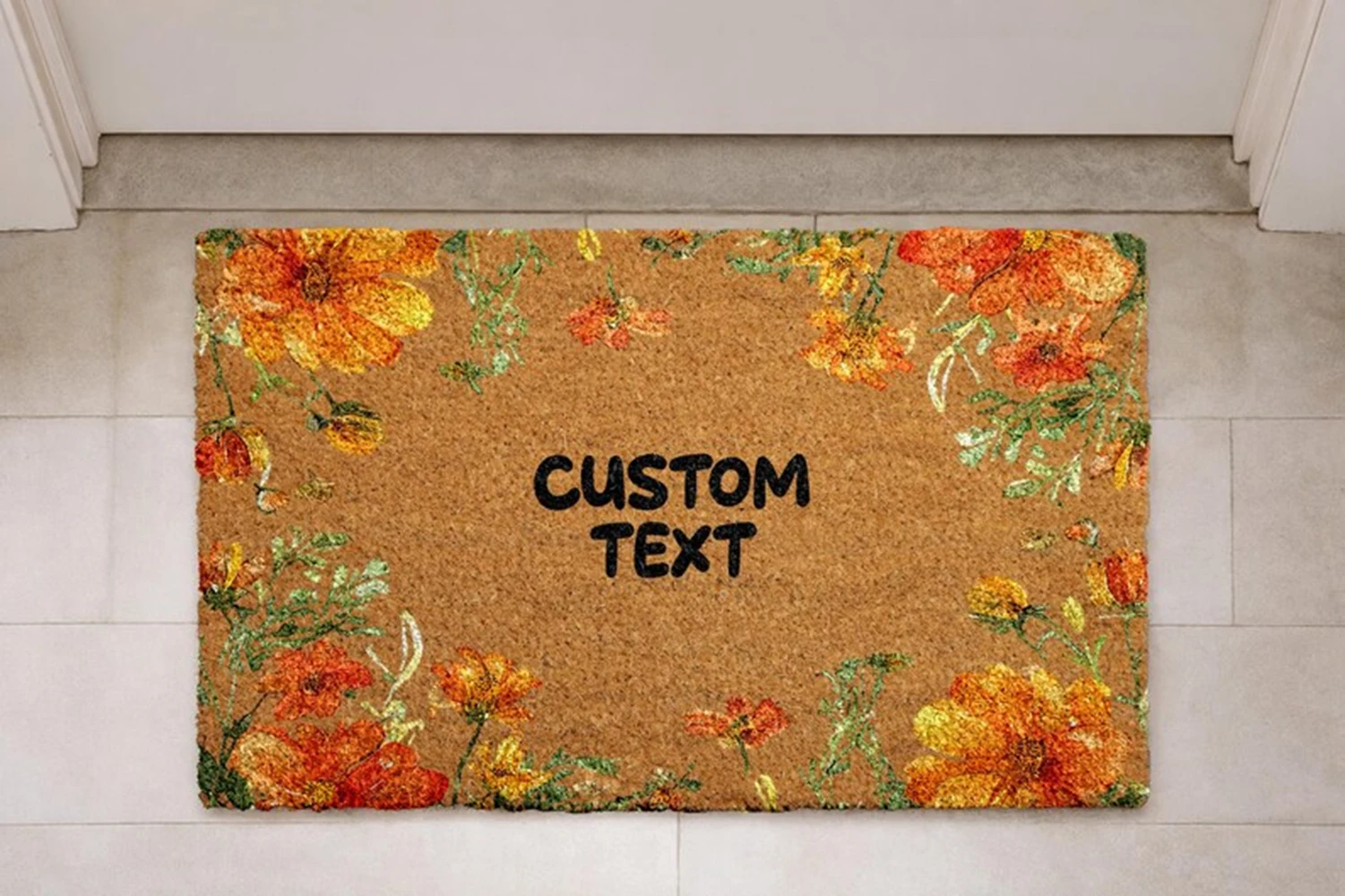 

Custom Cosmos Flower Doormat Personalized Orange Wildflower Mat Custom Text Welcome Rug Coir Mat for Home Housewarming