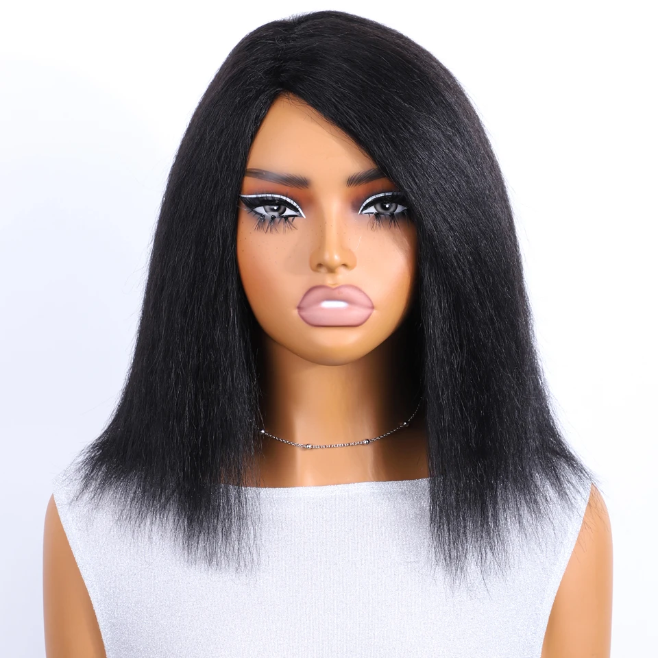 Sleek Nature Black Dark Yaki Straight Bob Wigs With Bang Brazilian Brown 4# Hair Bob Wigs For Black Women Machine Made Cheap Wig