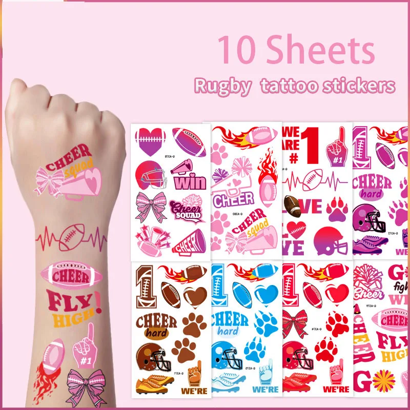 10 Sheets Pink Sports Rugby Theme Temporary Tattoos American Football Bady Face Sticker for Kid Girl Birhtday Party Favors Decor