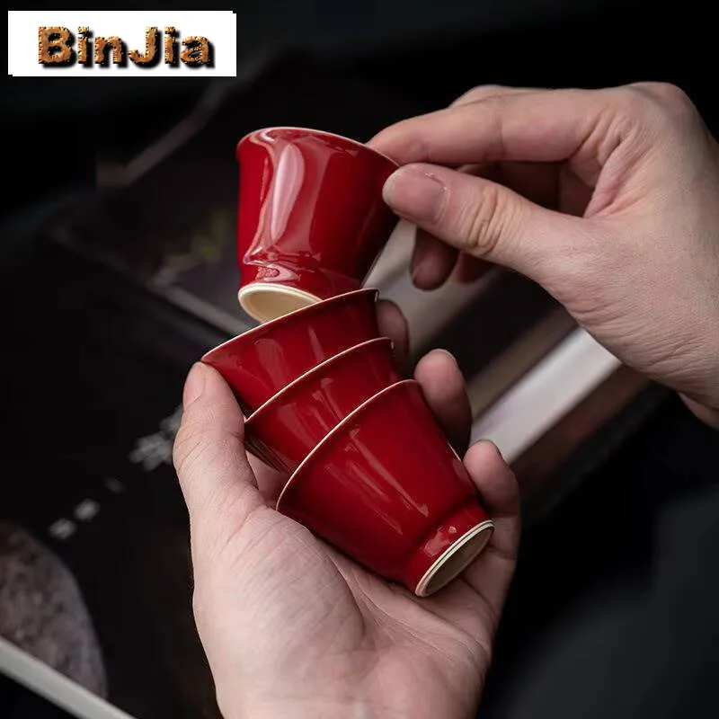 

2Pc/Lot Handmade Ruby Red Tea Cup Household Master Vintage Teacup Set Meditation Bowl Green Ornaments Collection 40Ml