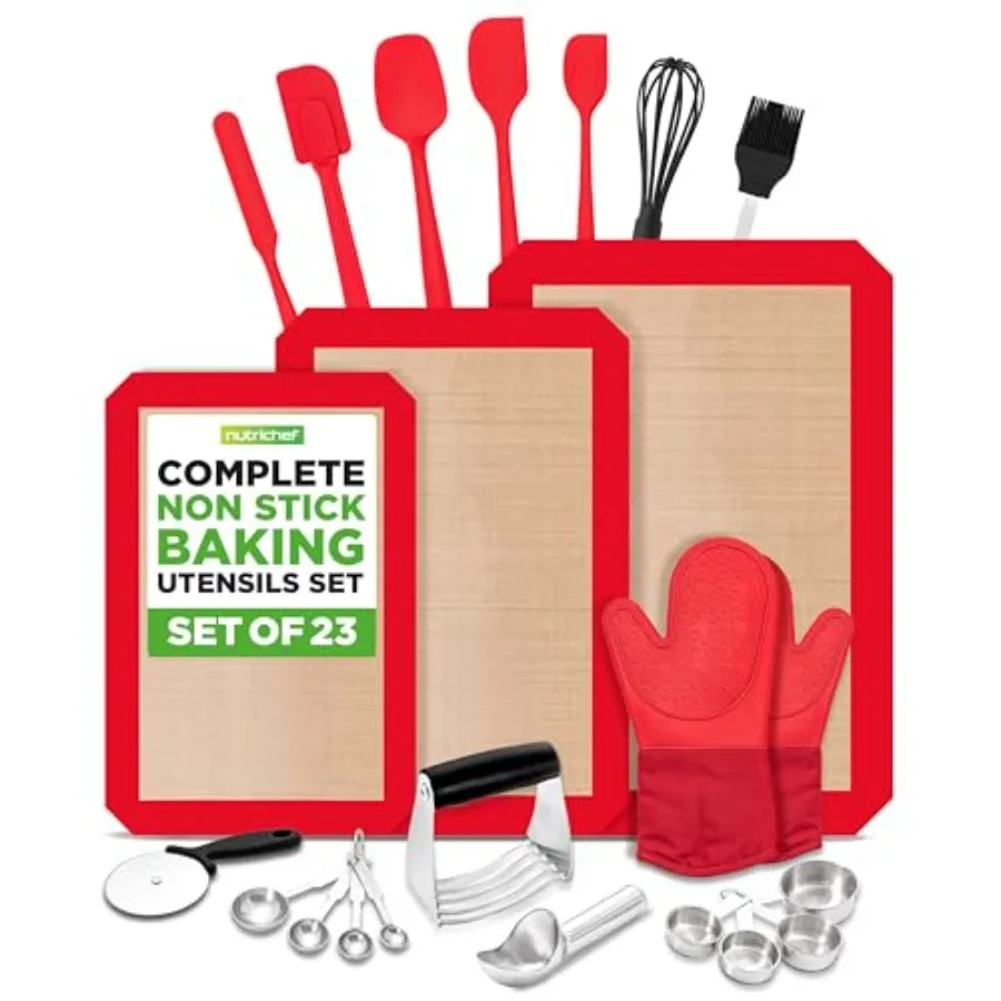 

23-Piece Essential Baking Utensils Set – Measuring Cups and Spoons, Scraper, Oven Mitts, Whisk, Silicone Baking Mats and More -