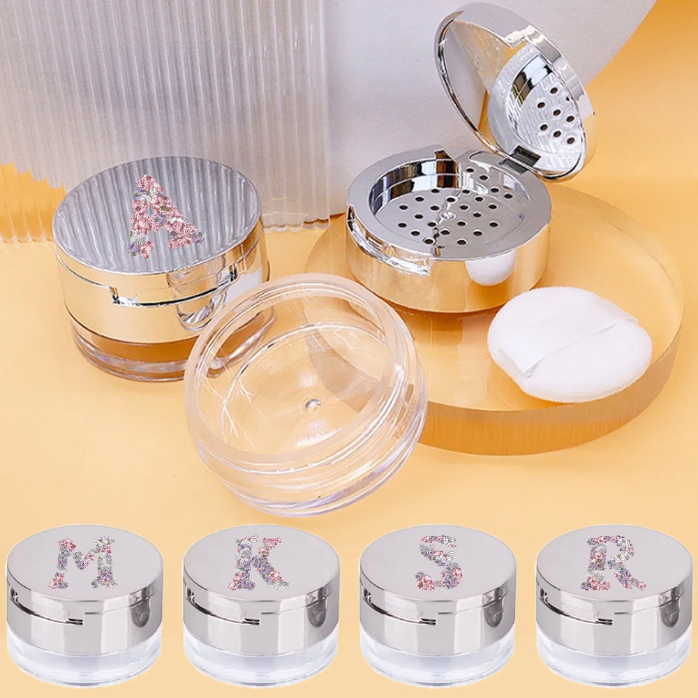

1pc Loose Powder Case With Large Hd Mirror Replaceable Puff Compact Size Touch-Ups And Travel Initial Name 26 Letters Pattern