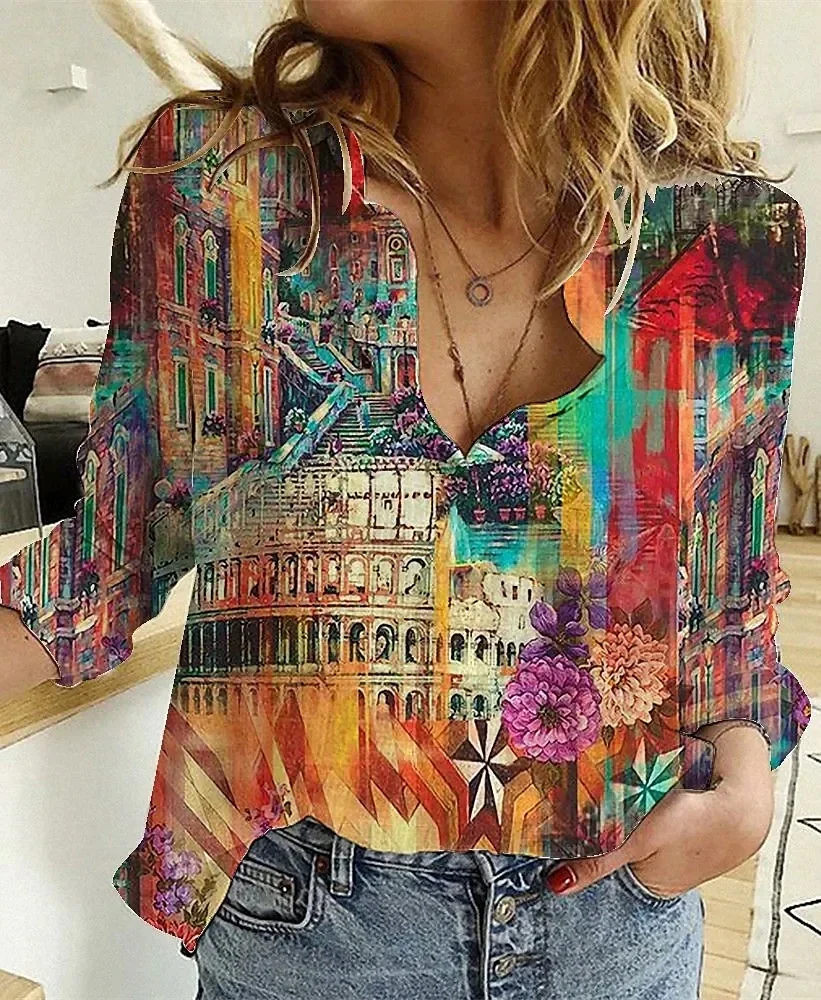 

Elegant Loose Shirt Woman Weekend Casual 3D Flower Print Woman Shirt Long sleeve Woman Shirt Fashion Tops Blouses Women