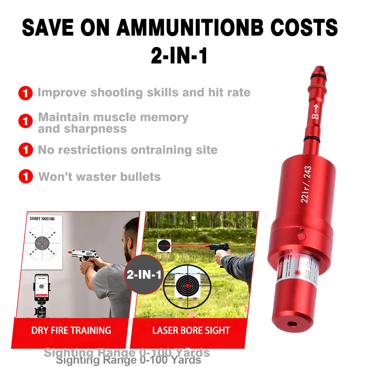 Cal .17/177 22LR 9mm 38SPL 223REM 12GA La-ser Magnetic Red Dry Fire Training Cartridge Training Bullet Bore Sight Dual-purpose view 3