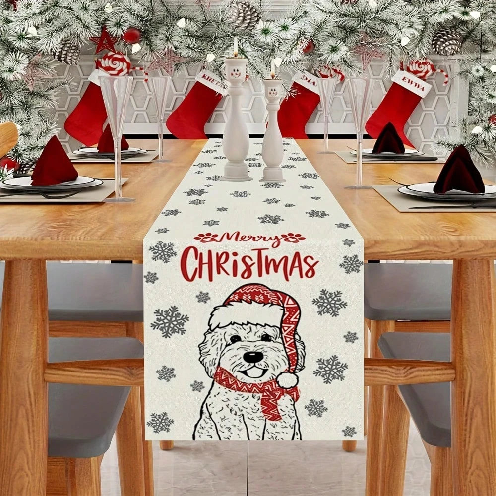 1PC Linen Merry Christmas Table Runner | Golden Retriever & Snowflake Print | Seasonal Holiday Kitchen Table Decor