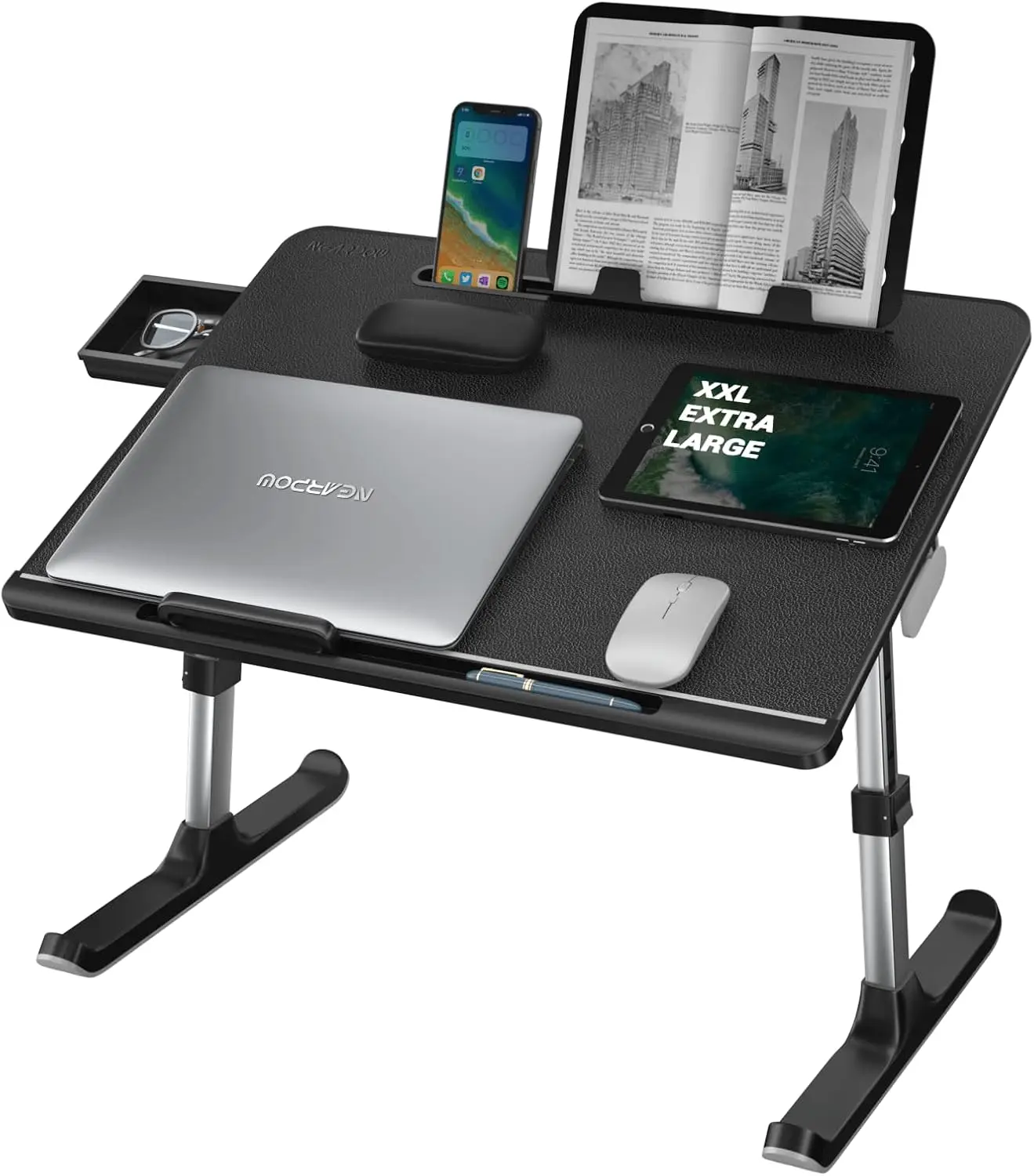 

Adjustable Laptop Desk for Bed or Sofa, Foldable Computer Tray with Anti-Slip Surface, Drawer & Book Stand