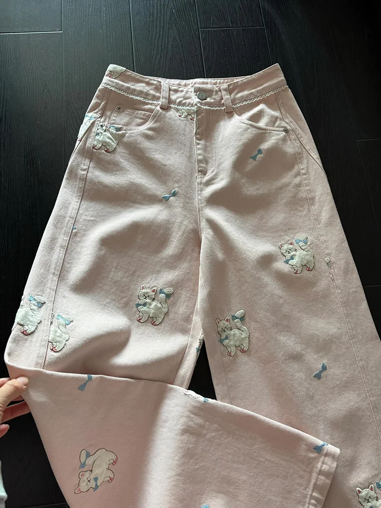 

Милые широкие джинсы с вышивкой, женские свободные джинсовые брюки с высокой талией, осень-зима, новые прямые брюки маленького размера