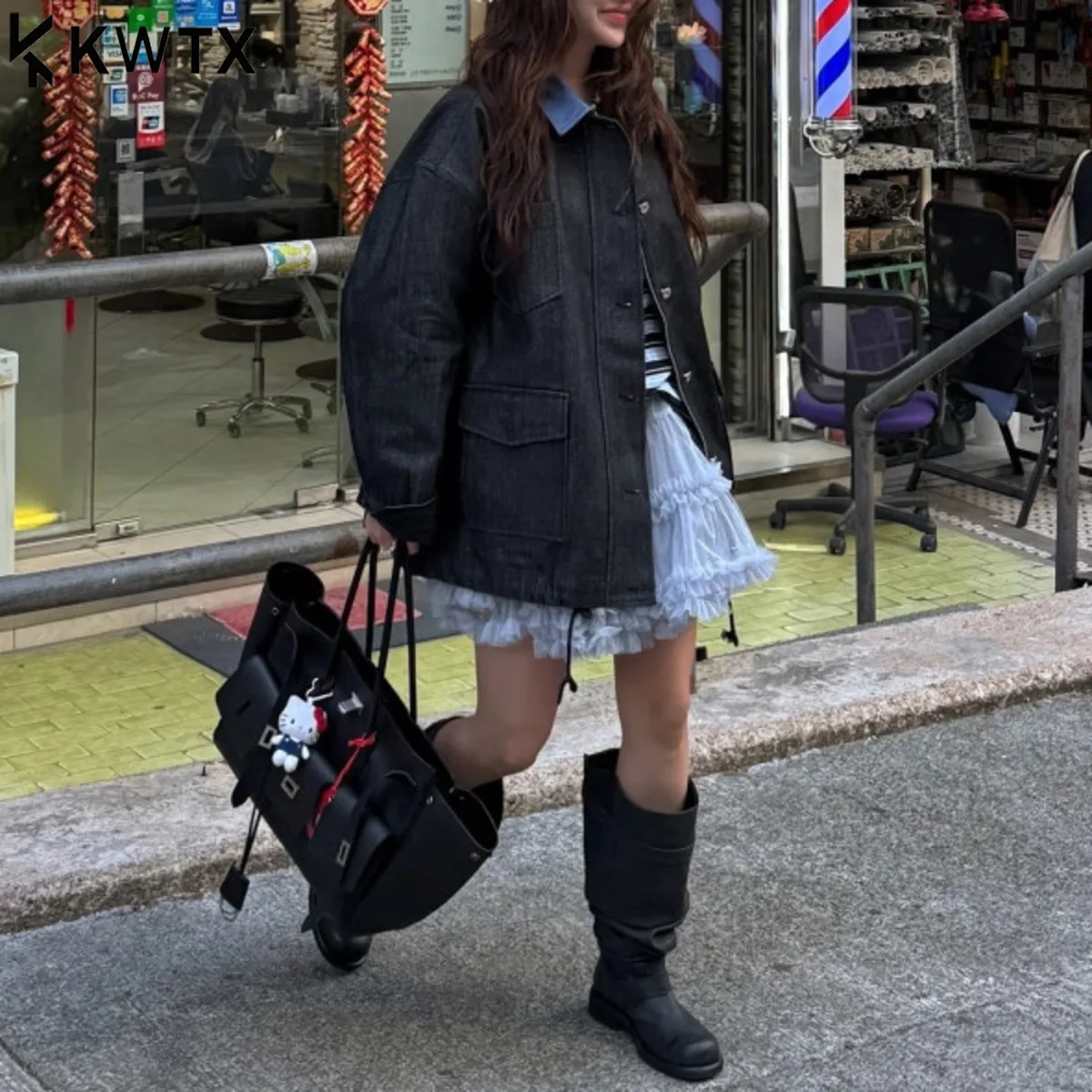 

KWTX женская джинсовая куртка, пальто с цветными блоками, осень-зима 2025, винтажная однобортная куртка с завязками на лацканах, пояс с передними карманами, высокое качество