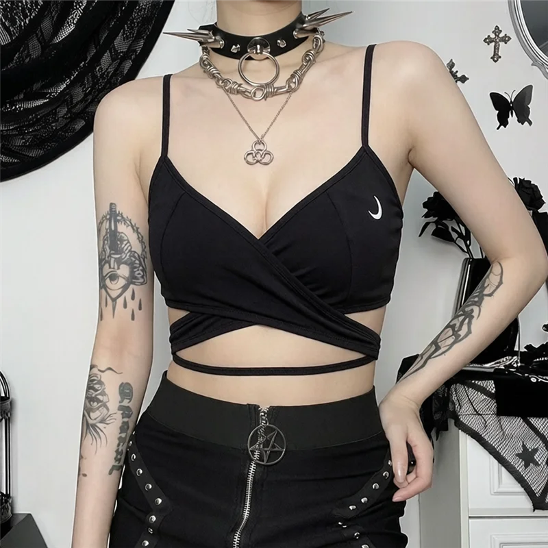 Woman Mujer Street Bar Harajuku Gothic Skinny Low-cut V-neck Black Spaghetti Strap Crop Top Party Night Bandage Tank Top