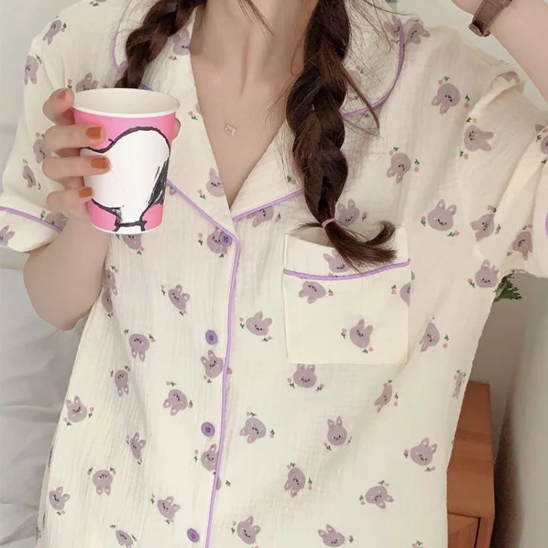 Summer Women\'s Short-sleeved Shorts Pajama Suit Lapel Cotton Shirt Cute Bunny Print Can Be Worn Outside 2024 Hot Sale