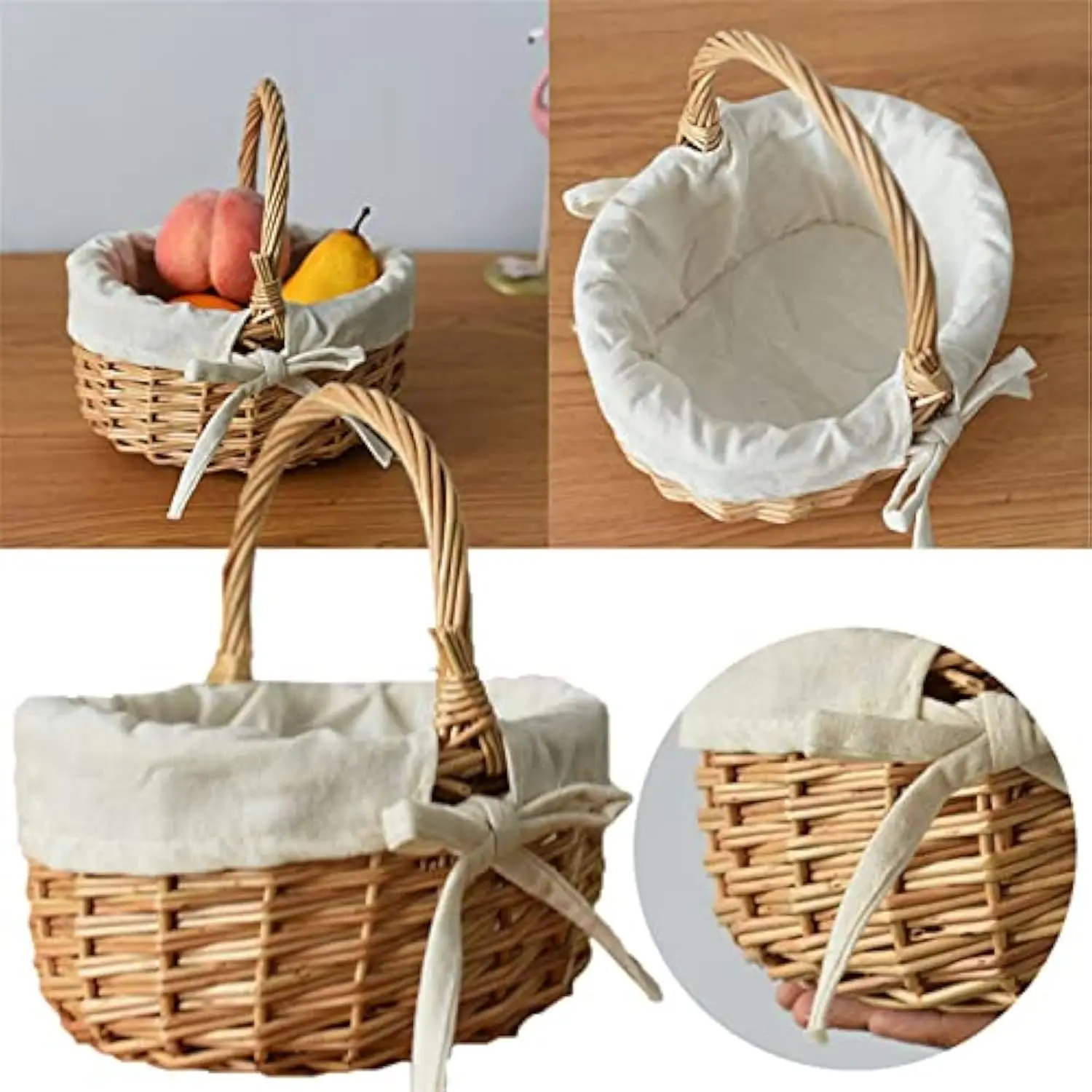 Hand-Woven Wicker Basket Woven Wicker Flower Picnic Gift Flower Girl Basket with Handle Hand Woven Harvest Basket