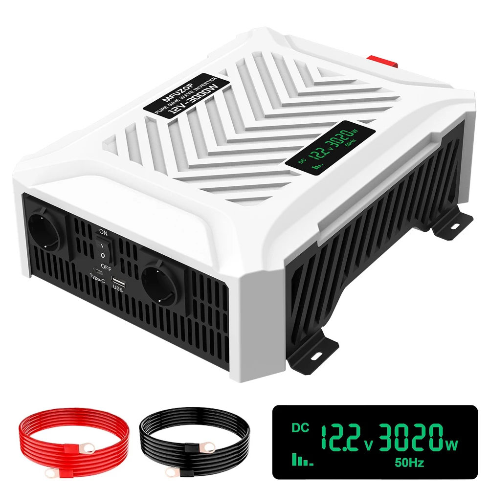 MFUZOP 3000W Zuivere Sinusgolf Omvormer 12VDC naar 230VAC 50Hz Draagbare Auto Spanningsomvormer RV Huis Accu Omvormer 6000W Piekkapaciteit USB-C Poort EU AC Aansluiting