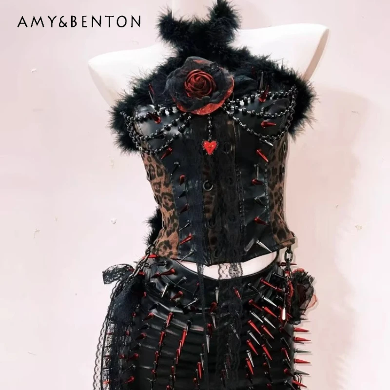 

Original Design Black Leopard Lace Splicing Beaded Red Rivet Chain Women's Sling Dark Rock Punk Original Short Skirt Set Ladies