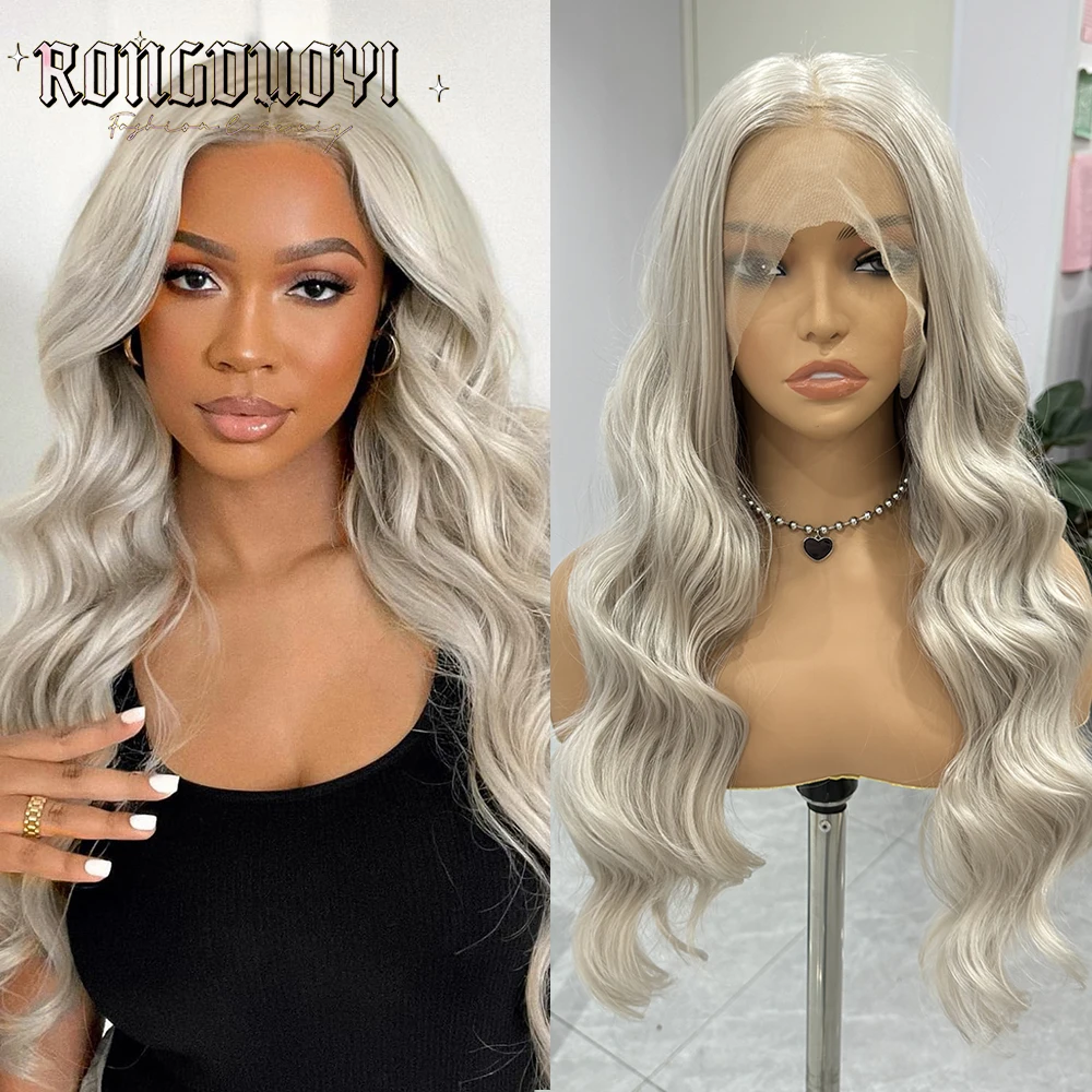 Light Grey Body Wave Wig Synthetic Hair Long Deep Wave Grey Wigs for Women Frontal Lace Wig Ready to Wear Cosplay Light Grey Wig