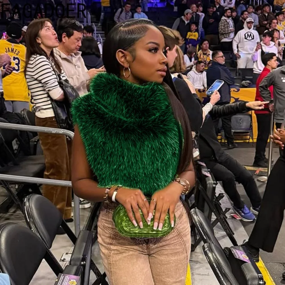 FAGADOER Winter Neue Mode Pelz Patchwork Bodycon Jacke Frau Grün High Neck Ärmel Crop Top Weibliche Streetwear Kleidung