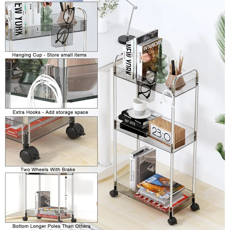 Storage Rolling Cart 3 Tier Acrylic Bathroom Cart Organizer, Mobile Shelving Unit Laundry Room Organization Multifunction Utilit