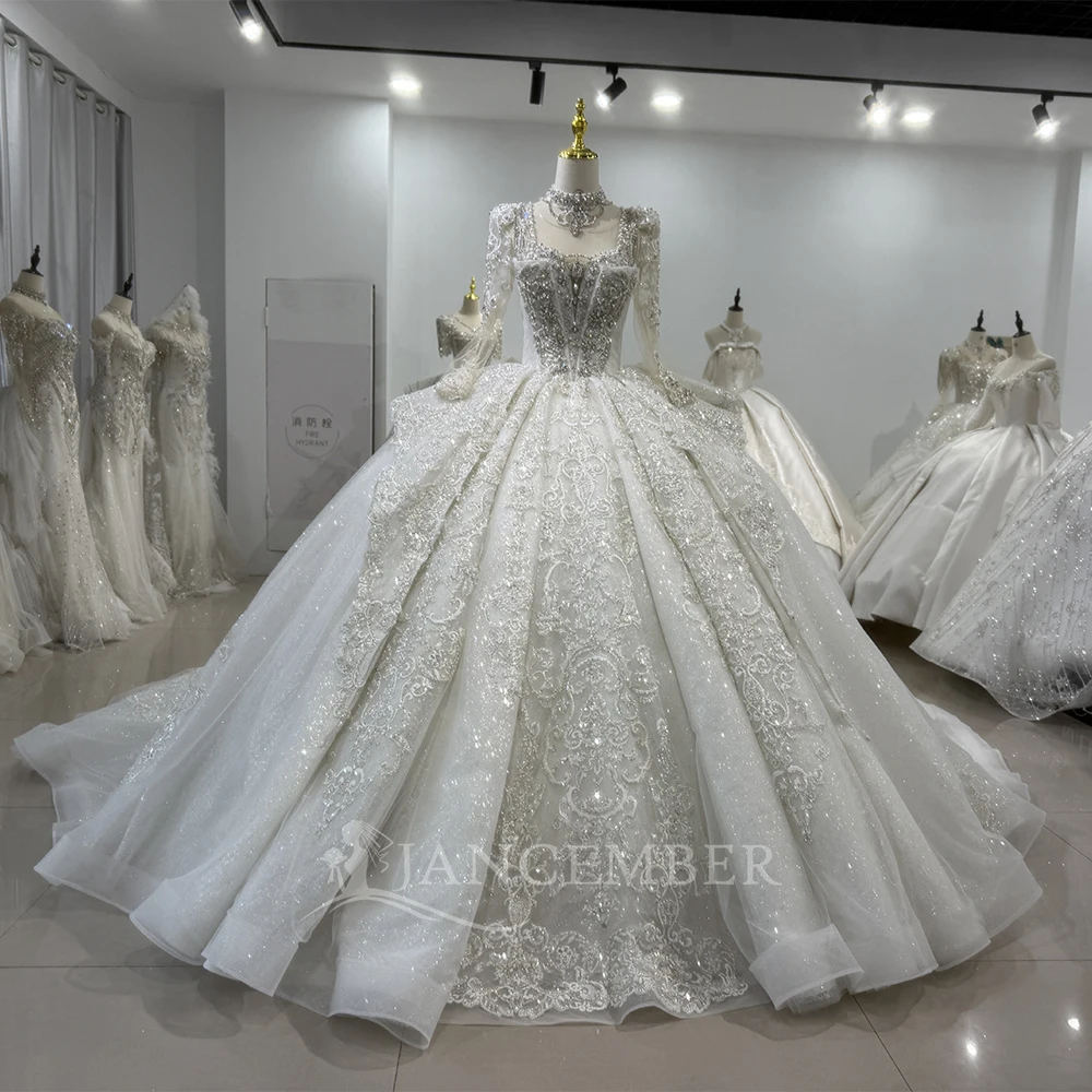 Customized Beading Princess Ball Gown Church Wedding Dress Long Sleeves Lace Up Back Ruffles Bridal Dress Vestido De Novia
