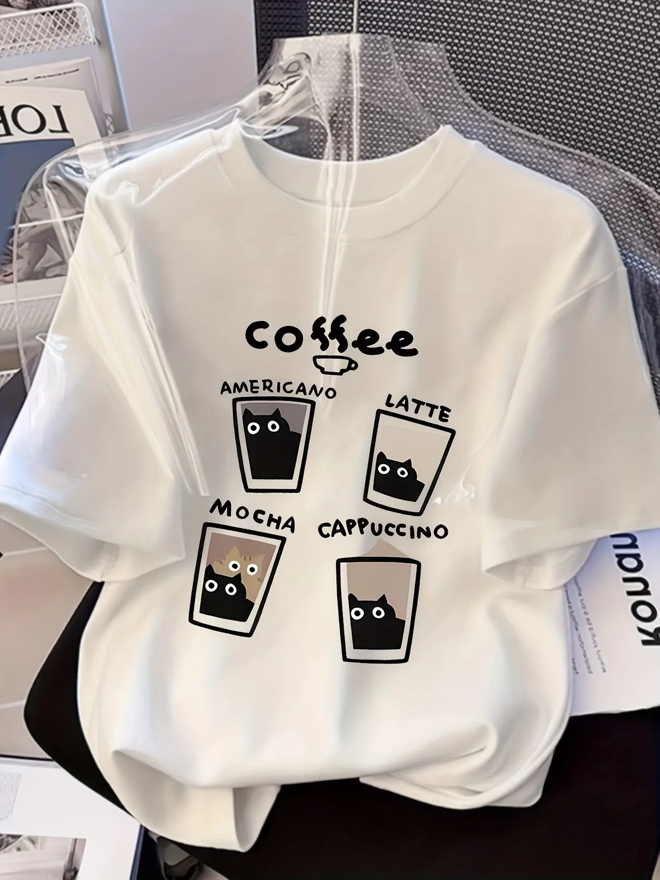 Kawaii Coffee Cat 100% Baumwolle Damen Streetwear Katzen-T-Shirt Weiches Rundhals-Kurzarm-Oberteil Locker geschnittenes T-Shirt – Detail 3
