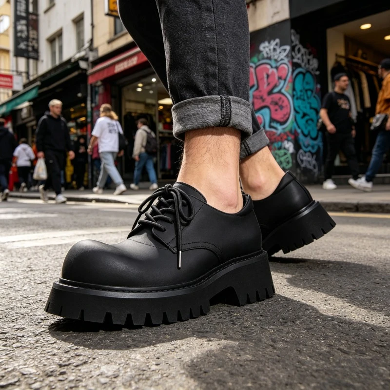 Men's Black Chunky Platform Derby Shoes Big Head Lace-Up Non-Slip Wear-Resistant Casual Shoes