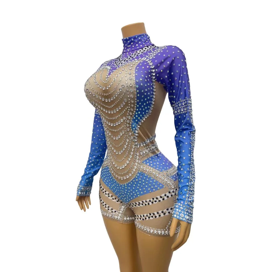 Fashion Design Nude Blue Stretch RhienstonesRompers Birthday Party Bodysuit Women SingelPerformancejumpsuit Costume wanxia  C128