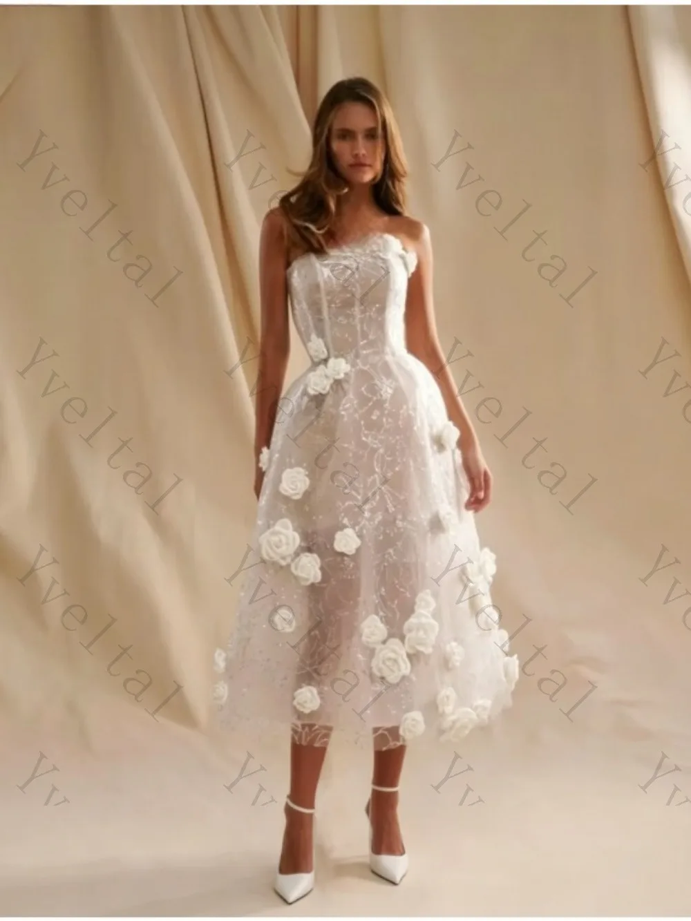 Customized  Graceful Temperament Flowers Wedding Dresses Strapless Midi Length See Through Sequined Fascinating Bridal Gown