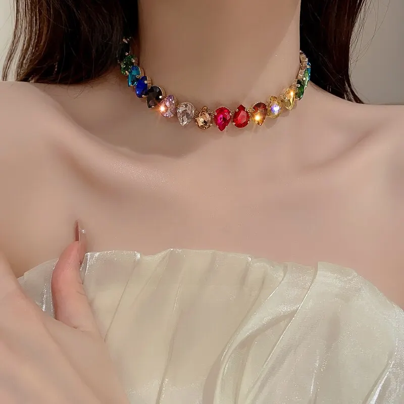 Colorful Rhinestone Crystal Necklace For Women Luxury Fashion Water Drop Choker Necklaces For Party Wedding Bridal Jewelry K0