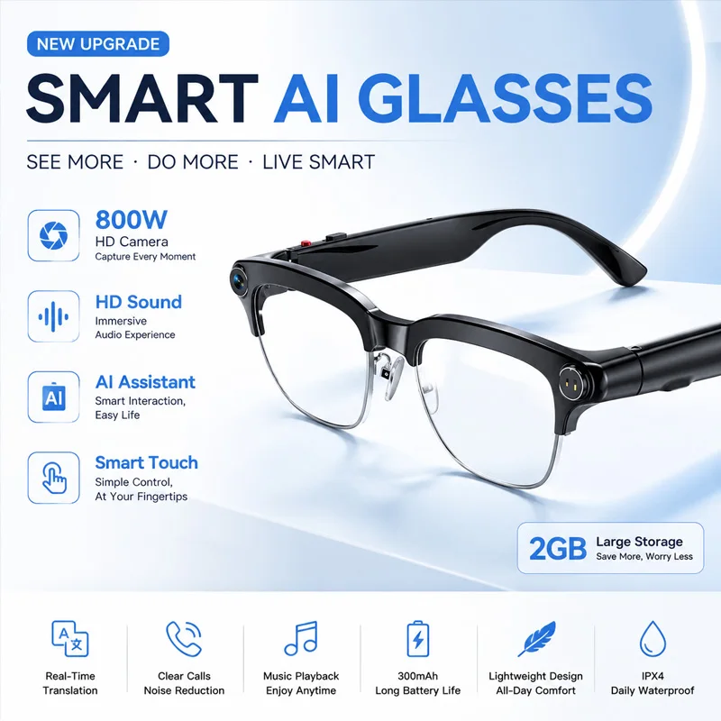

Smart Glasses HD Calls Simultaneous Translation 800W HD Camera Type-C Fast Charging Voice Assistant AI Interactive Smart Glasses