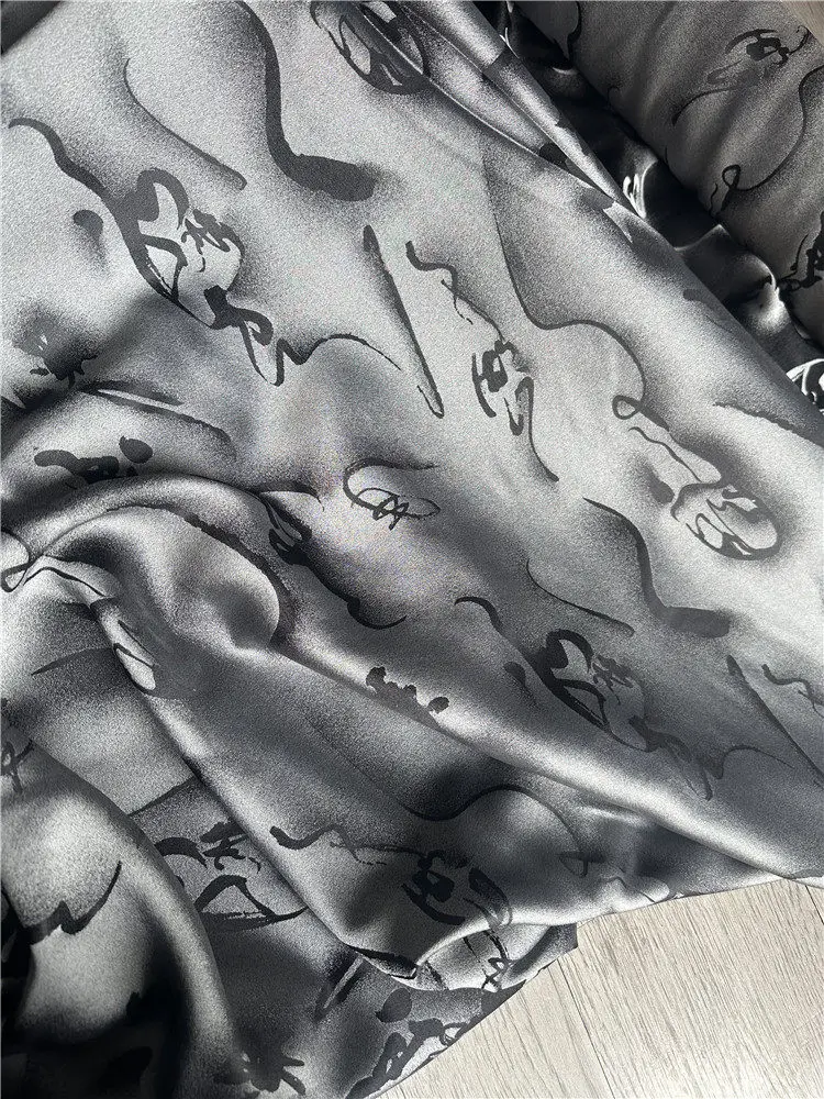 1 meter 75% Mulberry Silk 25% Cotton 31 momme Heavy Fabric Misty Black White Jacquard 135cm 53