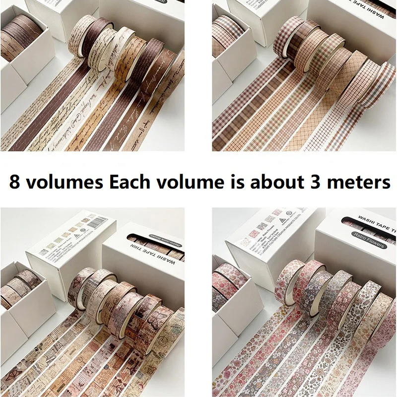 8PCS Retro Craftsmanship Checkered Pattern Self Adhesive Tape Set, 3-Meter Diary Handbook Masking Pattern Paper Tape Set
