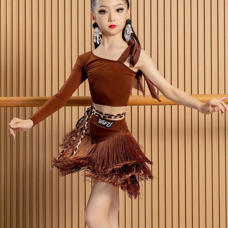 أطفال ملابس الرقص اللاتينية الفتيات بذلة سوداء طويلة الأكمام بلايز شرابة تنورة تشا تشا رومبا سامبا أزياء رقص الأمريكية اللاتينية