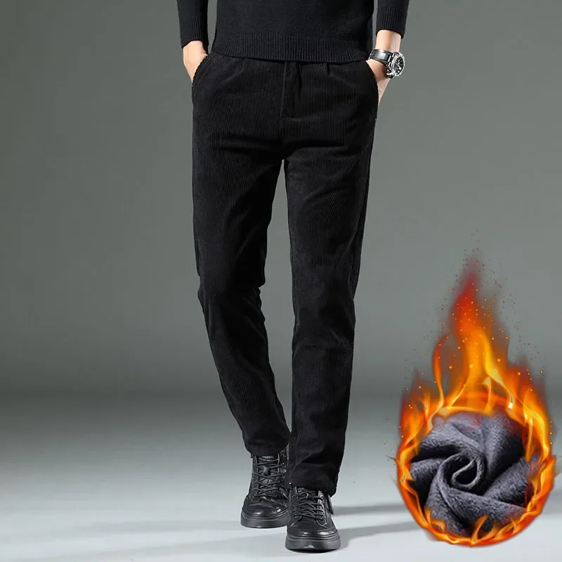 

Winter Warm Corduroy Pants Thicken Fleece Lined Vintage Slim Soft Cozy Trousers Casual Outward Travel Classic Business Formal