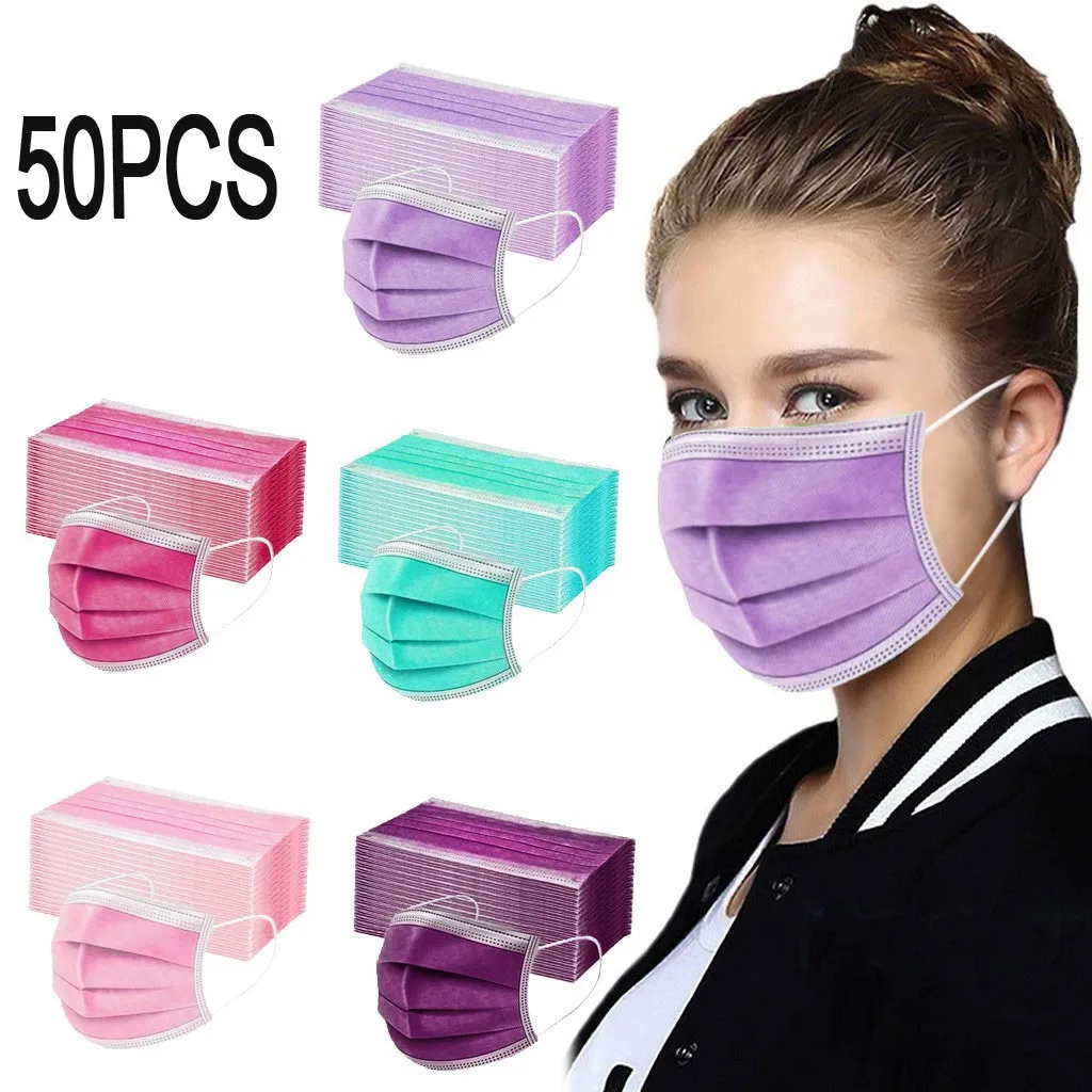 50PCS Women Man Solid Mask Disposable Face Mask 3Ply Ear Loop Anti-PM2.5 Mask