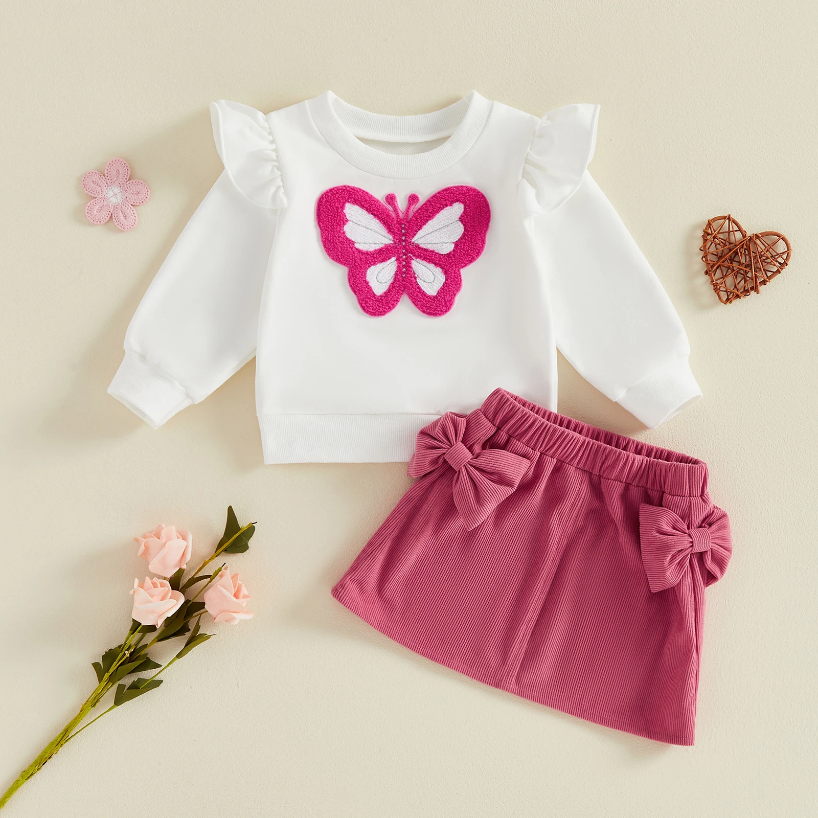 0-24M Baby Girl Fall Outfit Butterfly Embroidery Long Sleeve Sweatshirt Bow Skirt Set Cute Girls Autumn Clothing Set