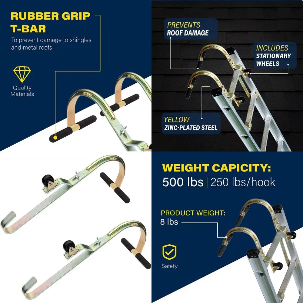 

2-Pack Heavy Duty Zinc Plated Steel Ladder Roof Hook with Wheel | Rubber Grip T-Bar for Damage Prevention | Fast and Easy Setup