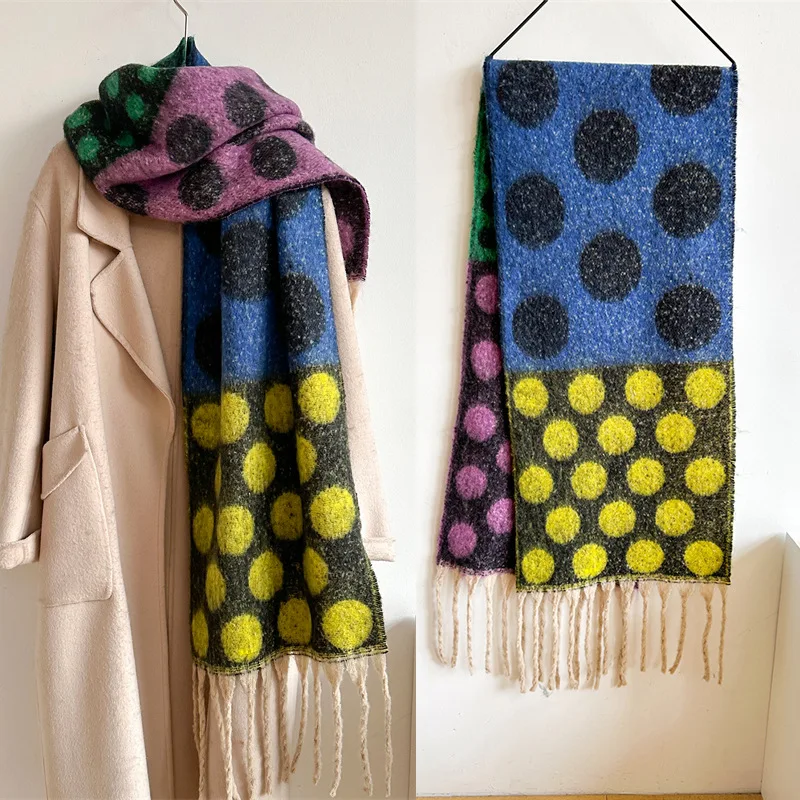 Women Vintage Faux Wool Fleece Scarf Shawl Colorful Polka Dot Thick Warm Slouchy Soft Versatile for Winter Daily
