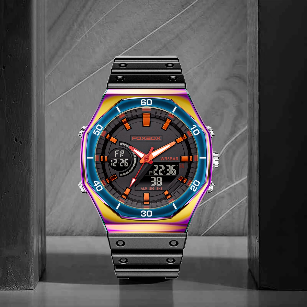 FOXBOX Dual display Watches For Men Casual Sports Chronograph Quartz Dial Wrist Watch Silicone Waterproof Digital Halloween Gift