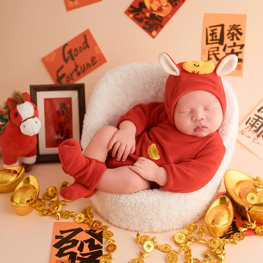 Chinese New Year Newborn Photography Props Red Fortune Baby Costume Pony Doll Decorate Studio 0-1 Month Baby Holiday Photo Theme