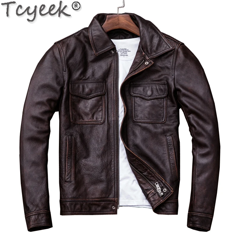 

Tcyeek Real Cowhide Leather Jacket Men Clothing Motorcycle Men's Winter Coat Retro Distressed Short Jacket Coats Chaquetas 6XL