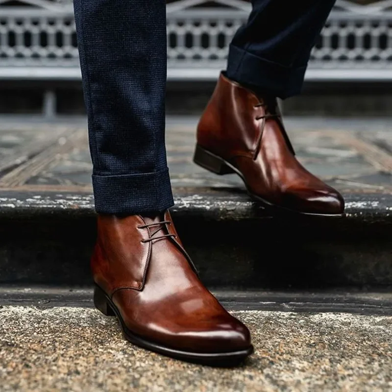Botas artesanais de couro PU para homens, marrom, preto, botas de motocicleta azul, sapatos de negócios com renda