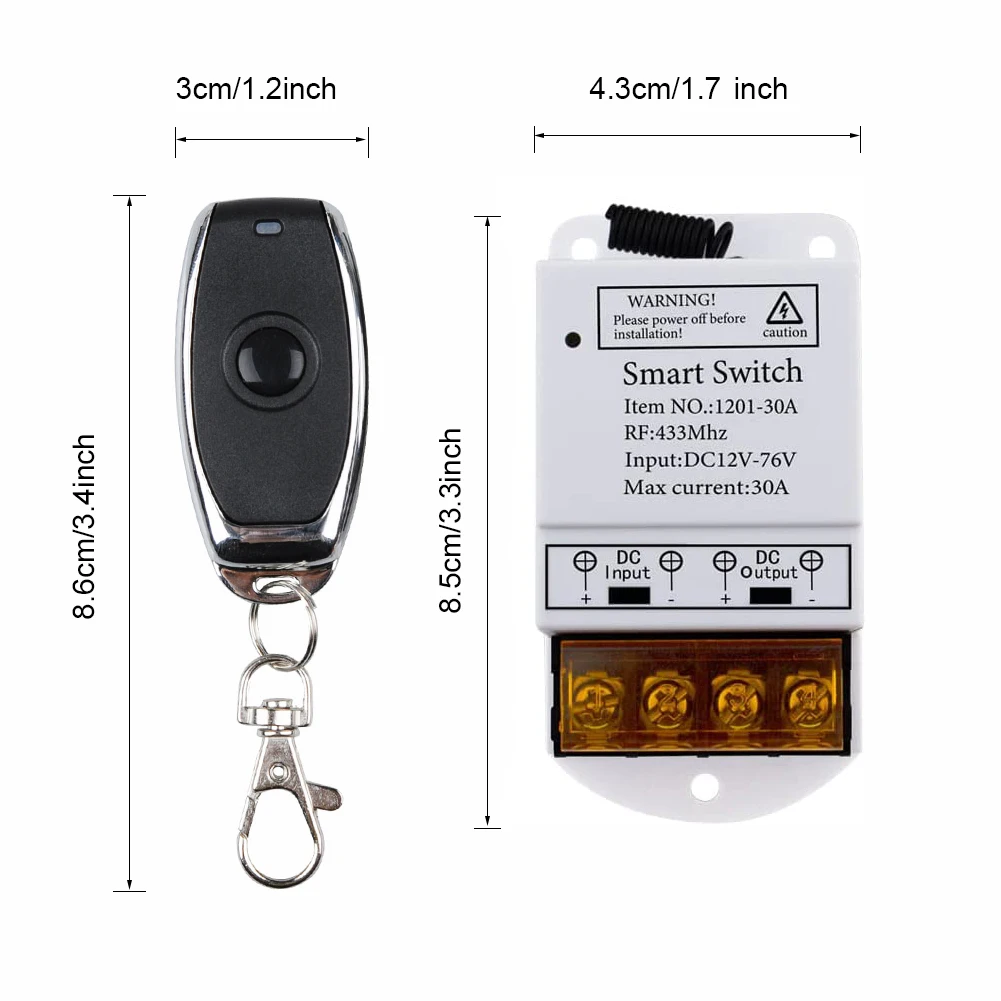 Universal DC 12V 24V 76V 30A Remote Relay 433Mhz Remote Control Wireless Switch On Off Used for Smart home appliances/Light