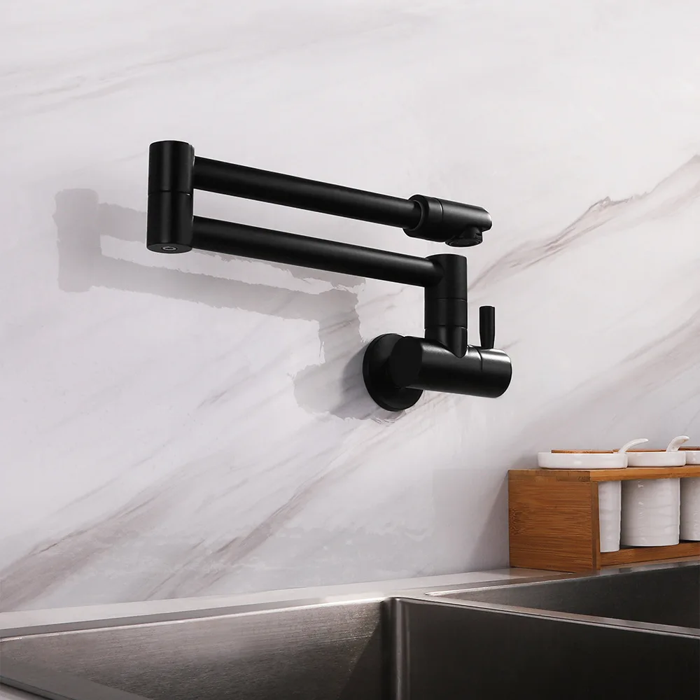 All Copper Wall Folding Kitchen Faucet 360° Rotation Single Cold Black Brushed  Pot Filler Faucet Swing Arm Single Hole
