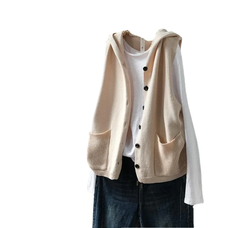 Otoño Invierno nueva moda mujer Color sólido elegante Casual moda suelta sin mangas de un solo pecho con capucha chalecos de punto Mujer