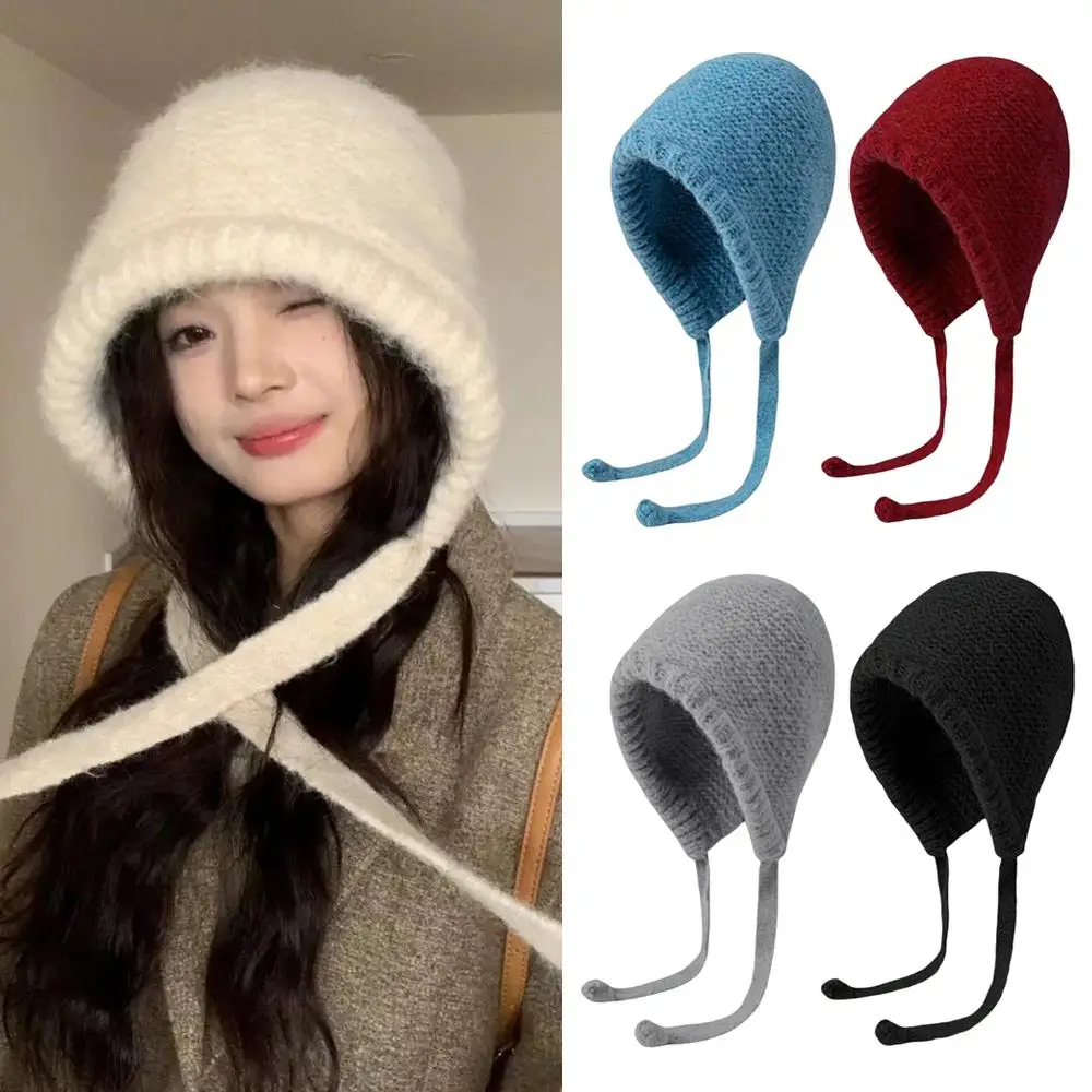 Korean Women Balaclava Hat Winter Warm Knit Ear Protection Beanies Solid Color Female Girl Pullover Hats Bonnet