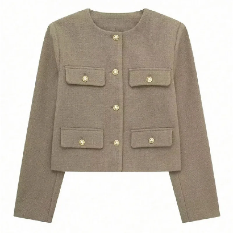 여성용 가을 신상 유럽 및 미국 스타일 포켓 장식 라운드 넥 숏 패션 탑