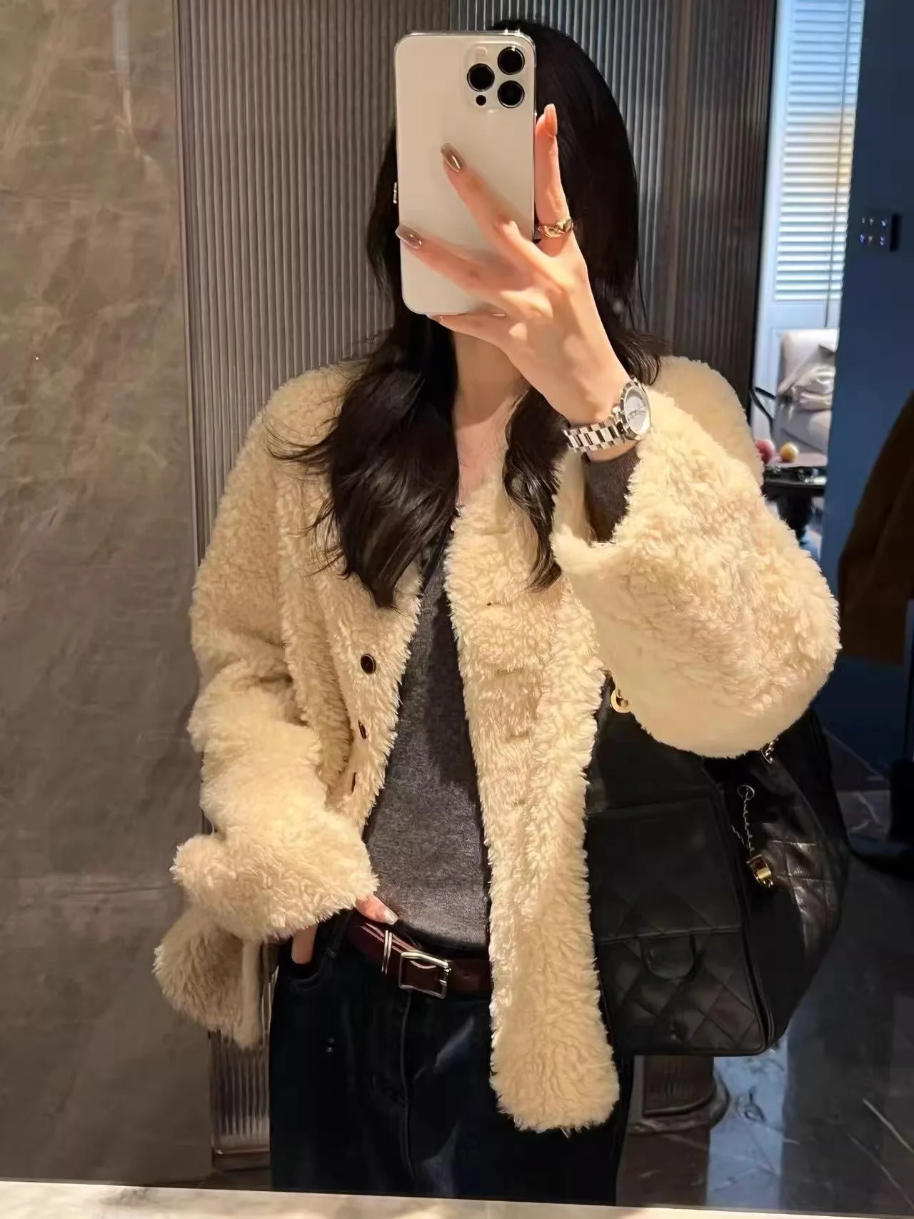 

Eco-Friendly 00 Wool Fur Jaet V-Ne-Piece Women's Outerwear Comfortable Warm Long Sve Mid-Length Korean Sle