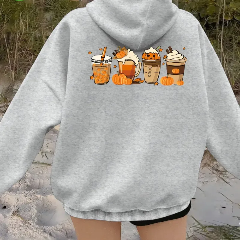 Halloween hoodie abóbora tempero latte gráfico moletom com capuz aconchegante manga longa pulôver das mulheres outono inverno casual streetwear