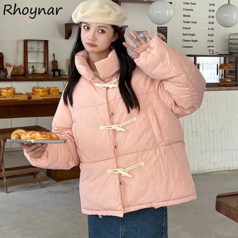 

Parkas Women Cropped Coats Stander Collar Horn Buckle Warm Plus Velvet All-match Solid Simple Gentle Sweet College Winter Daily