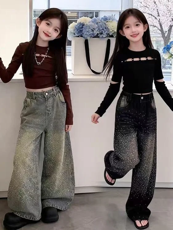 

Cool Girls Spring Faion Set High Waist Denim Jeans with Hotfix Rhinestones Long Sve Top And Bot Two-Piece Ensemble