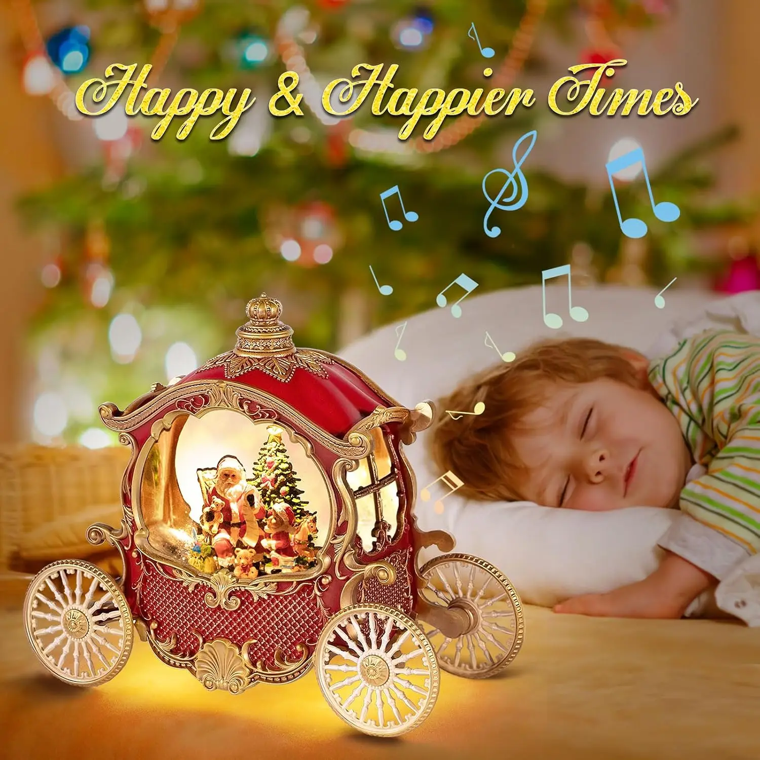 Vintage Christmas Carriage Snow Globe with Santa Scene, Musical 8-Song Snow Globe with 6-Hour Timer, USB/Battery Operated Holiday Gift