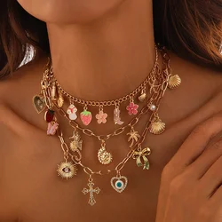 Punk Conch Coconut Tree Butterfly Evil Eye Cross Pendant Golden Shell Starfish Enamel Strawberry Flower Clavicle Choker Necklace